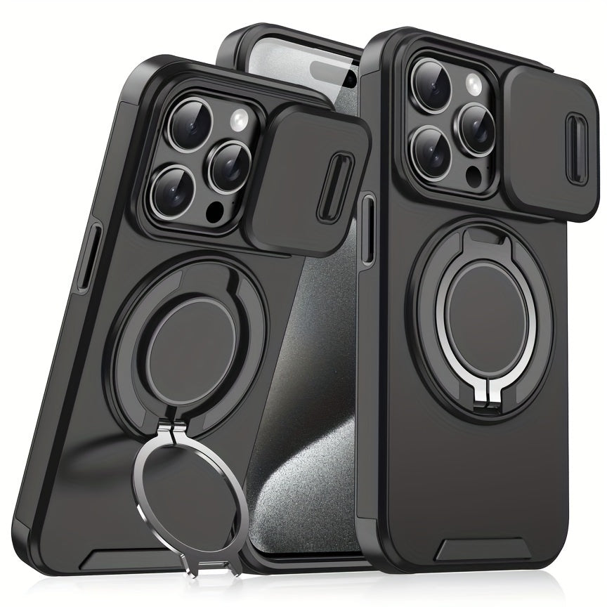 For iPhone 16/15/14/13/12/11/Pro/Max Pro/Plus Mobile Phone Case, with Sliding Camera Cover + [Full Camera Protection], with 360° Rotating Ring Bracket/Magnetic Car Bracket/Matte Texture Shockproof Mobile Phone Protective Case