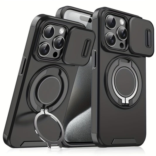 For iPhone 16/15/14/13/12/11/Pro/Max Pro/Plus Mobile Phone Case, with Sliding Camera Cover + [Full Camera Protection], with 360° Rotating Ring Bracket/Magnetic Car Bracket/Matte Texture Shockproof Mobile Phone Protective Case