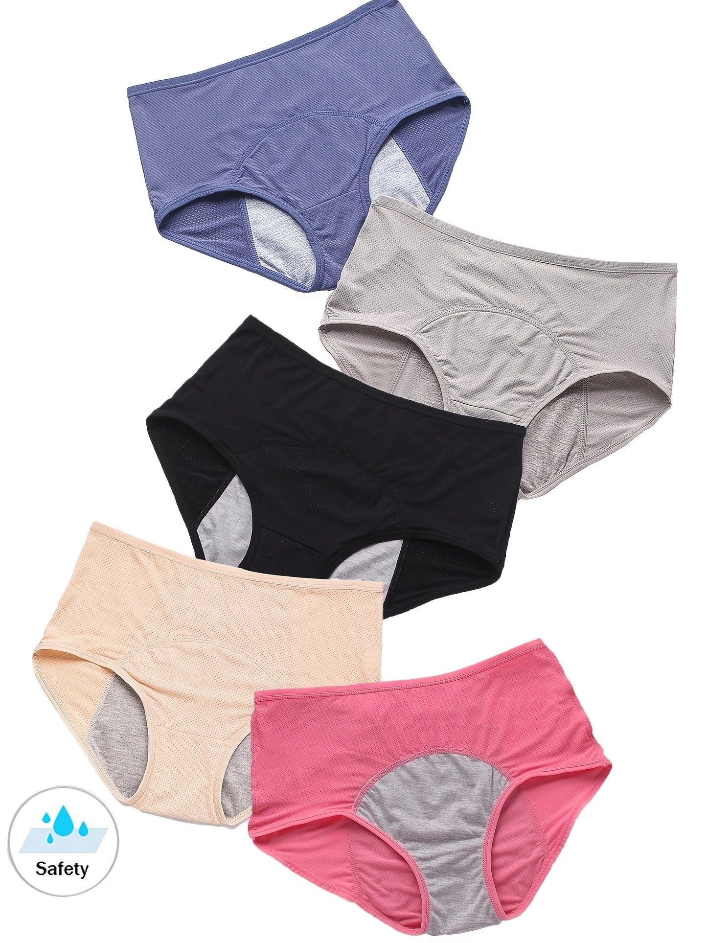 5pcs Elegant High-Waist, Wide-Band, Leak-Proof Period Panties for Women - Soft, Stretchy Fabric, Breathable Mesh Design, Available in Black, Beige, Gray, Pink, and Purple, 1XL-4XL, Period Underwear | Elegant Style | Comfortable Fit