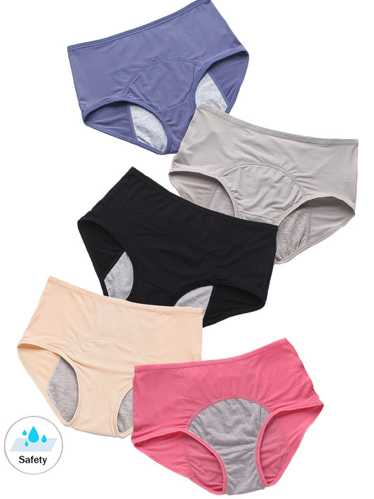 5pcs Elegant High-Waist, Wide-Band, Leak-Proof Period Panties for Women - Soft, Stretchy Fabric, Breathable Mesh Design, Available in Black, Beige, Gray, Pink, and Purple, 1XL-4XL, Period Underwear | Elegant Style | Comfortable Fit