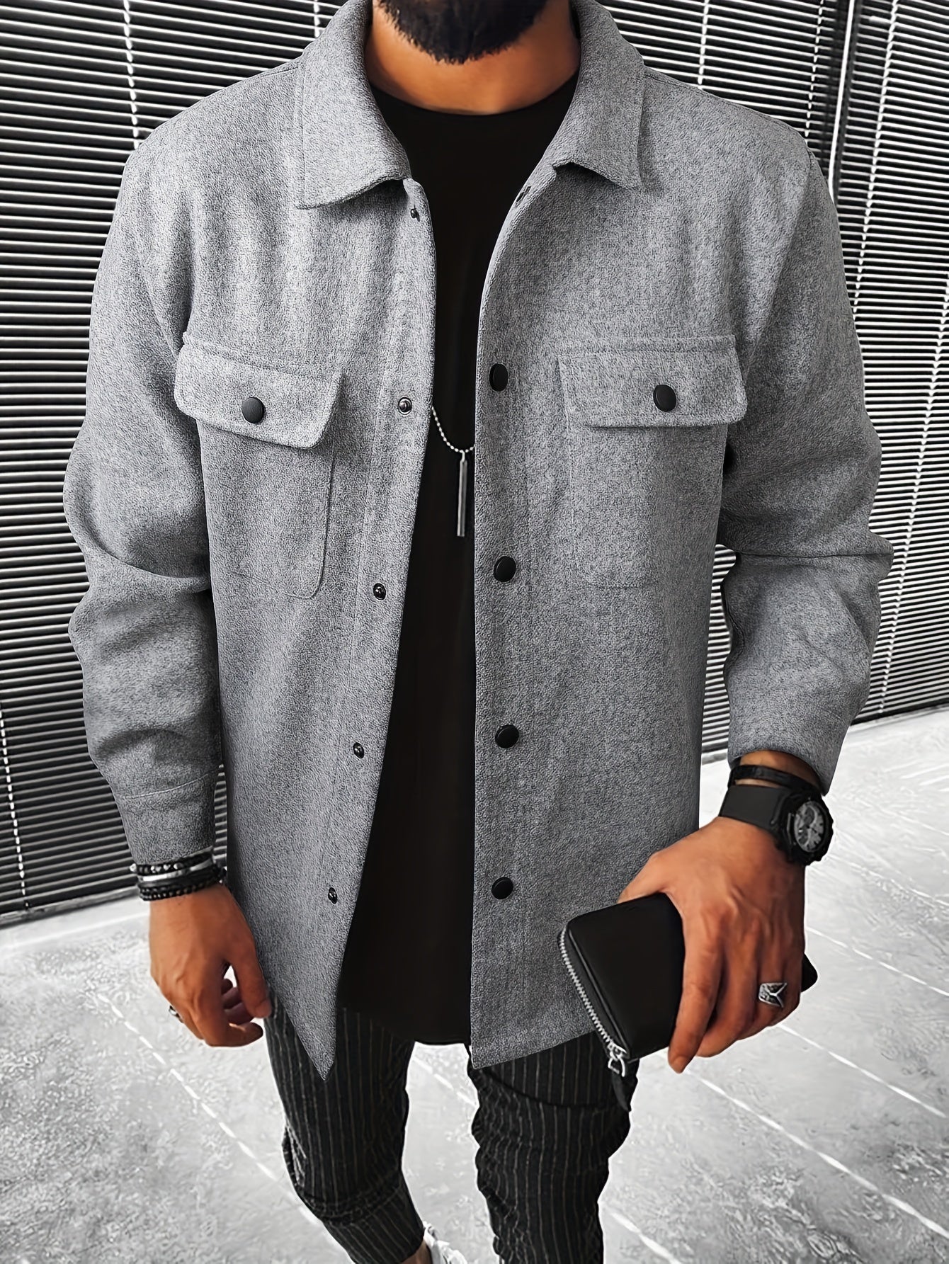 Men'S Solid Color Tweed Jacket, Mature Style, Snap Closure, Regular Fit, Polyester Lining, Woven Fabric, 485g/m², Fall/Winter Lapel Collar with Pockets