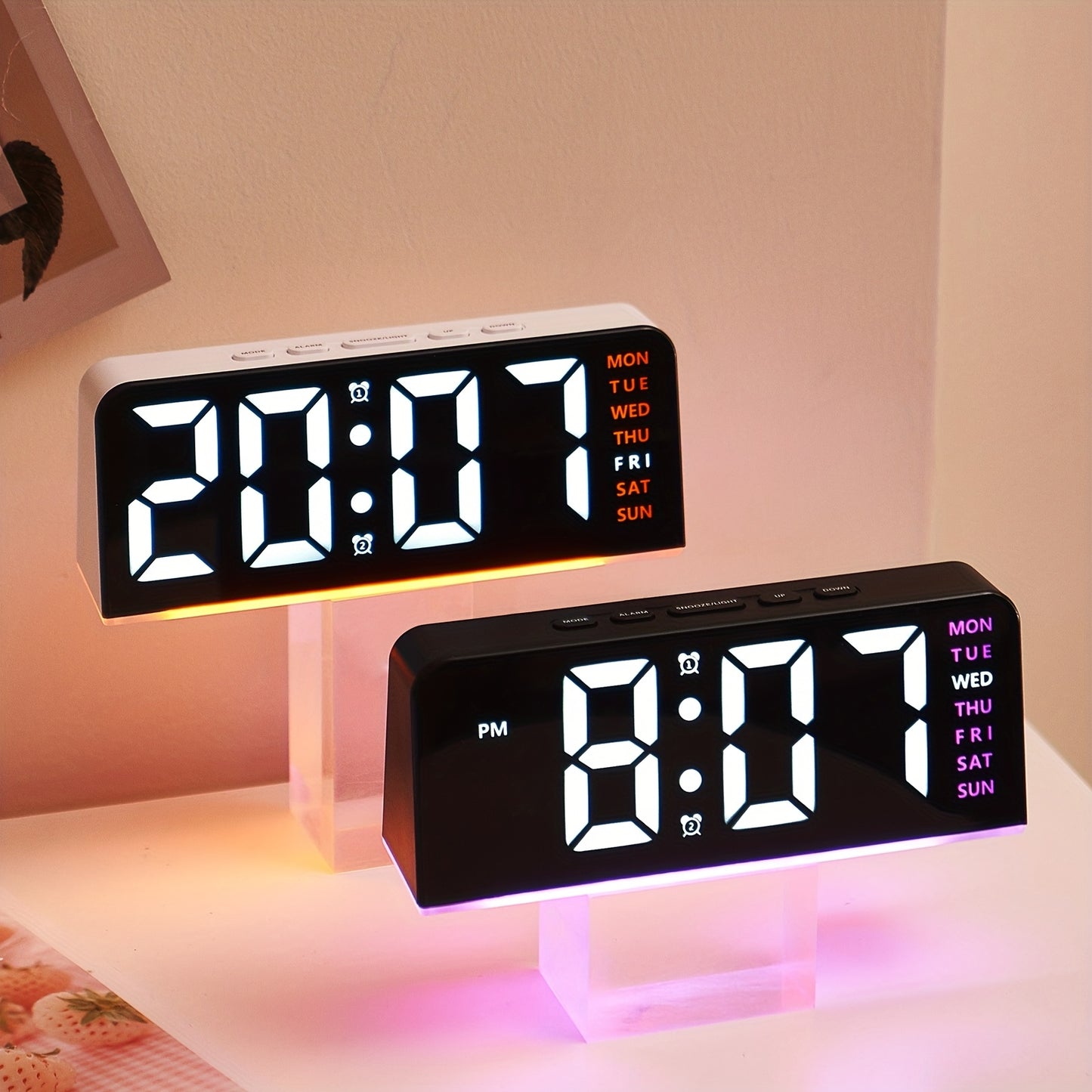[Compact Size] Innovative LED Digital Alarm Clock with Atmosphere Light & Date Display - USB Powered, Adjustable Brightness, Flat Crown Shape, Multi-Functional Home Decor Cloc