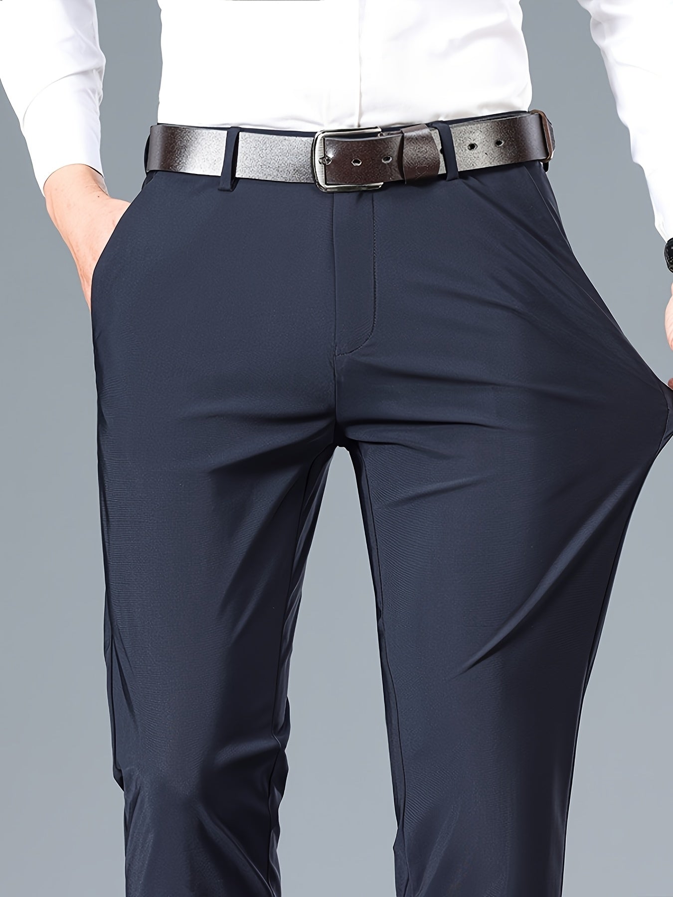 2025 New Men'S High-Elasticity Ice Sliky Fiber Fabric Dress Pants - Smooth Touch, Breathable & Stretchy, Mid-Rise Regular Fit with Button Details for Office & Casual Wear, All-Season Comfort, Office Attire, Sleek Appearance, Durable Material