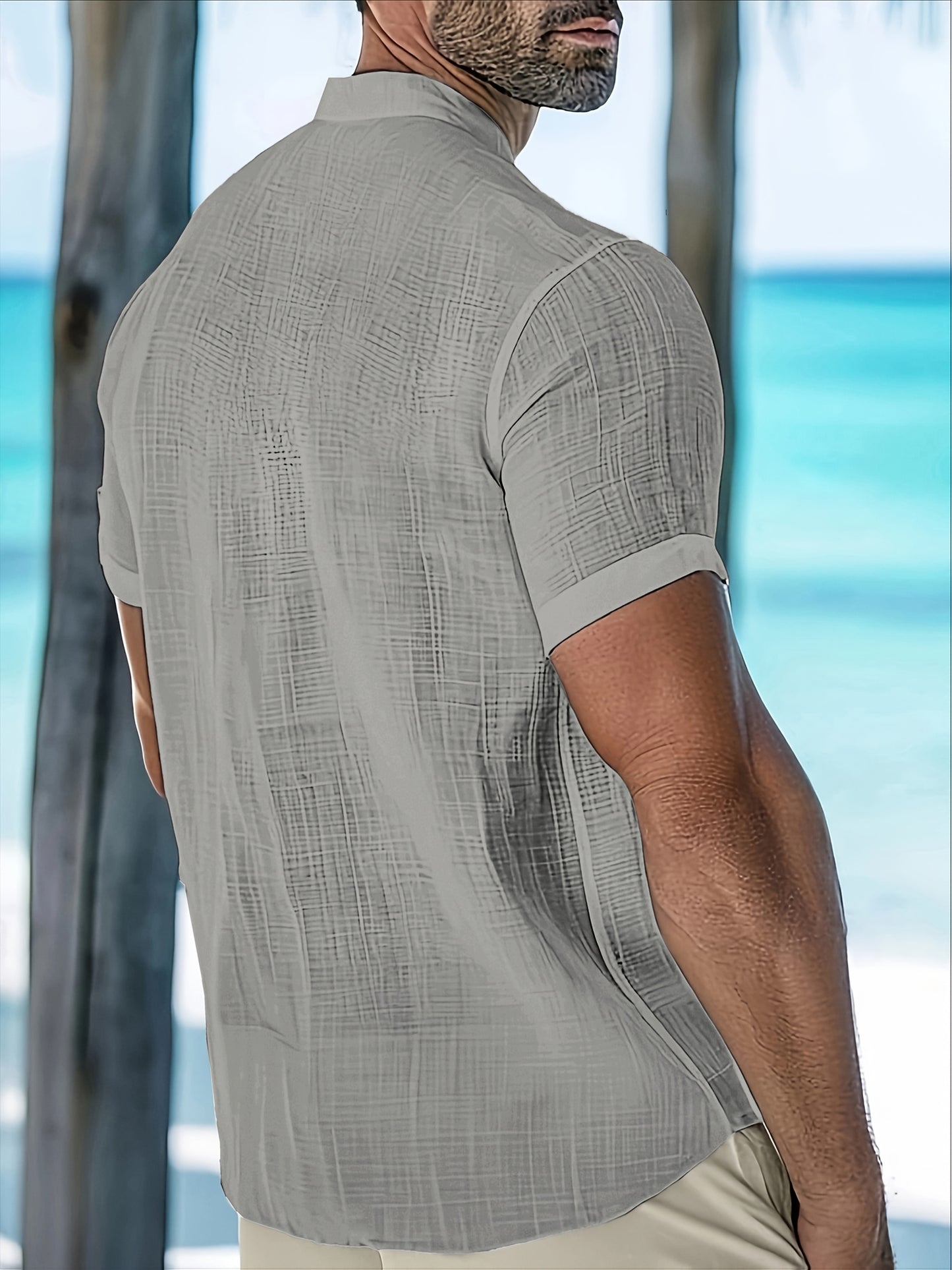Men'S Lightweight Breathable Rayon Shirt - Summer Beach & Casual Wear, Solid Color Gray, Short Sleeve with Notch Collar & Button Detail, Perfect for Outdoor Activities and Casual Attire, Beach Shirt