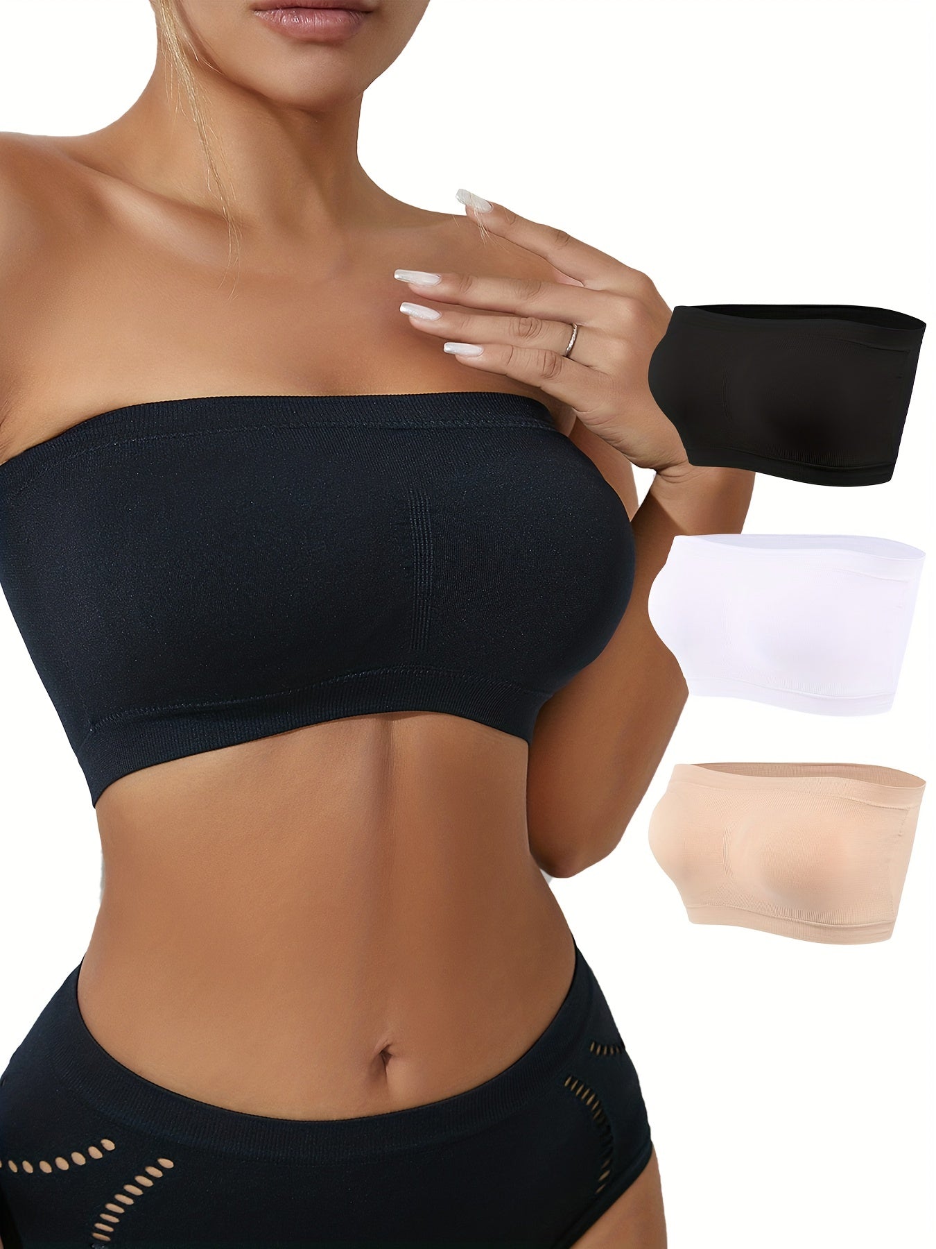 3pcs NADIA GO Strapless Double Layer Extended Size Bra with Removable Pads - High Support, Knit Fabric, Elastic Waistband, Casual Style, Adult Women'S Undergarment for Summer, Comfort Fit Bra|Casual Style Bra|Stretchy Fabric Bra