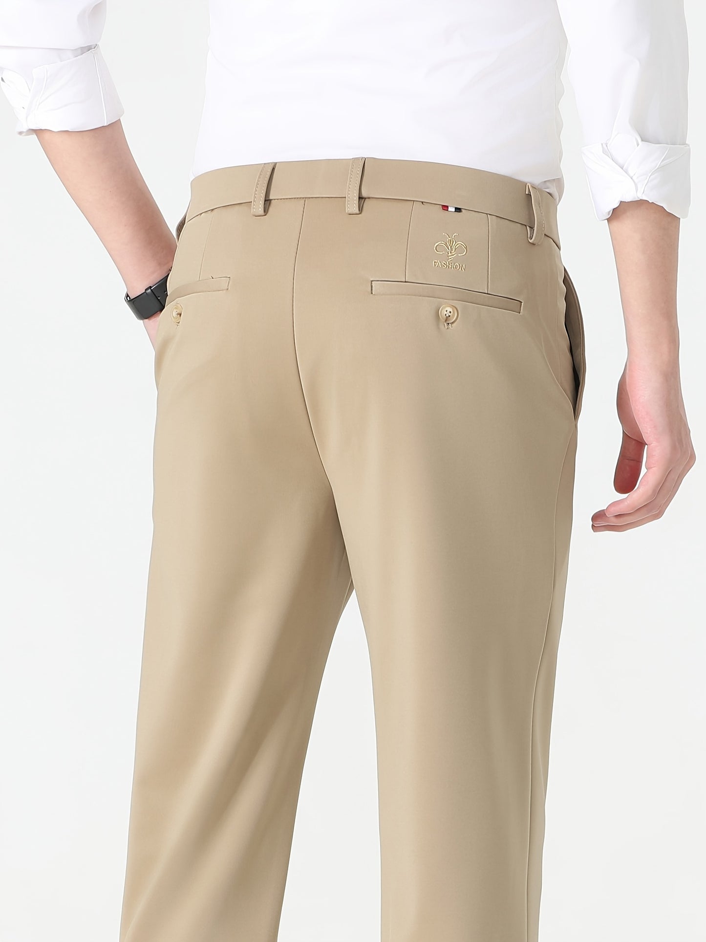Men's Light Business Casual Dress Pants - High Elasticity, Wrinkle-Resistant, Embroidered Logo, Machine Washable, All-Season Regular Fit, Versatile Trousers, Elastic Comfort Waistband, Wrinkeresistant Fabric