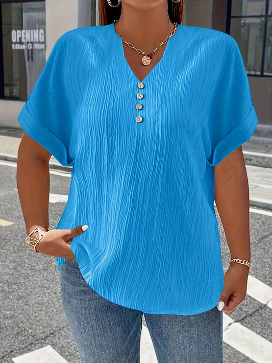 Plus Size, Women's Plus Size New European and American Spring/Summer Short Sleeve Button Solid Color Elegant Casual T-Shirt