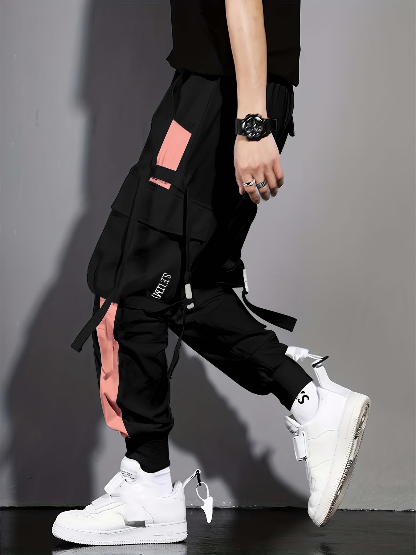 Multi-Pocket Ribbon Design, Summer Breathable Thin Color Block Overalls for Men, Fashionable And Comfortable Jogging Pants