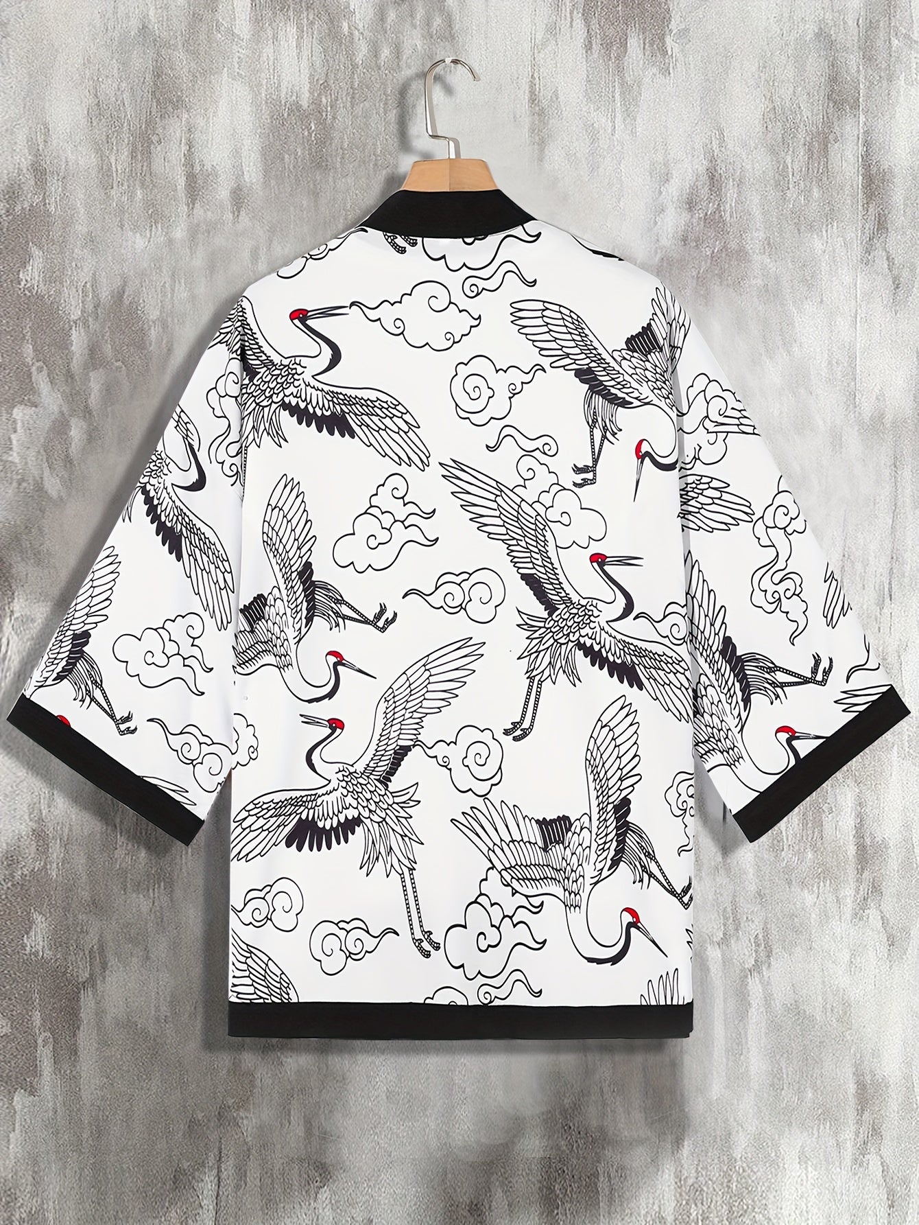 Men's Lightweight Summer Kimono Cardigan with Black & White Crane and Wave Print, 3/4 Sleeve Casual Polyester Shirt for Adults