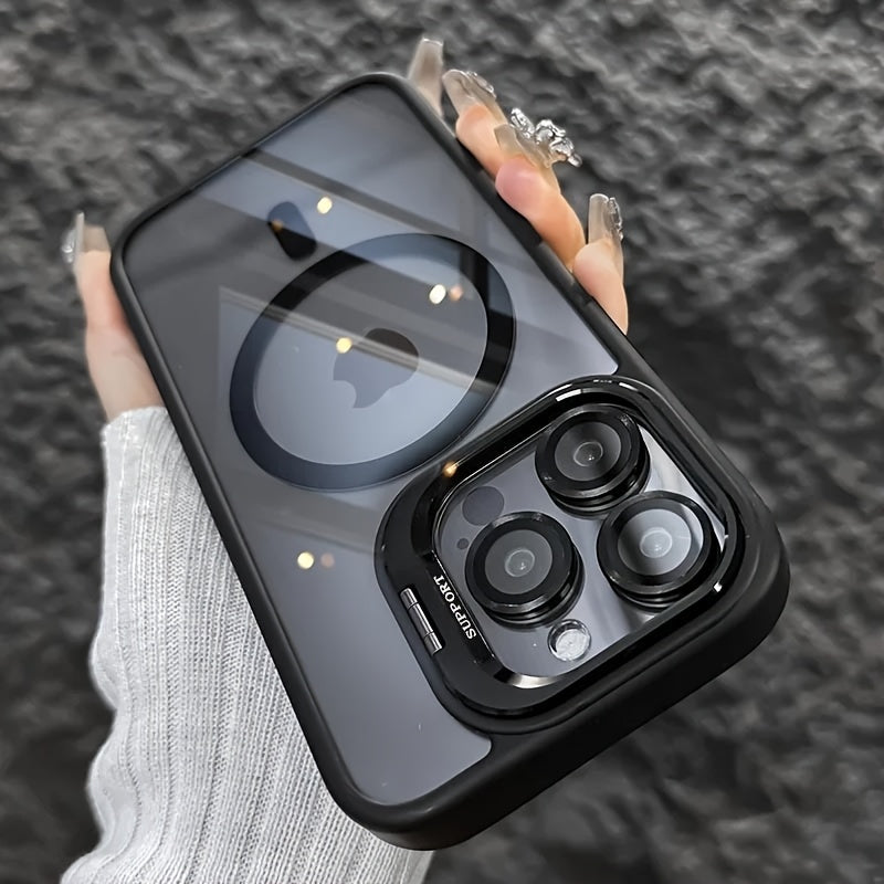 Simplified Magnetic Metal Frame Lens Protective Film/Bracket Three In One Phone Case Suitable for iPhone 16 16pro 16proMax 15 15Pro 15ProMax 14 14Pro 14ProMax 13 13Pro 13ProMax 12 12Pro 12ProMax 11 Acrylic Anti Drop Hard Shell Protective Case
