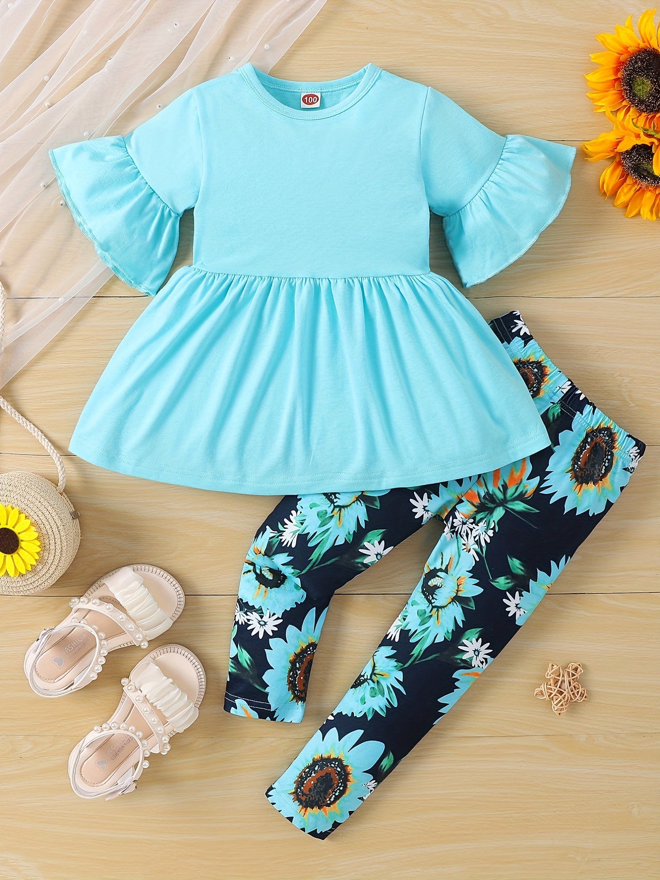 Girls' Floral Print Flared Sleeve Dress with Ruffled Hem & Elastic Waistband - Light Purple & Black Sunflower Design, Long Pants for Spring/Fall Casual Wear, Spring Fall Clothing, Comfortable Fit, for Outdoor