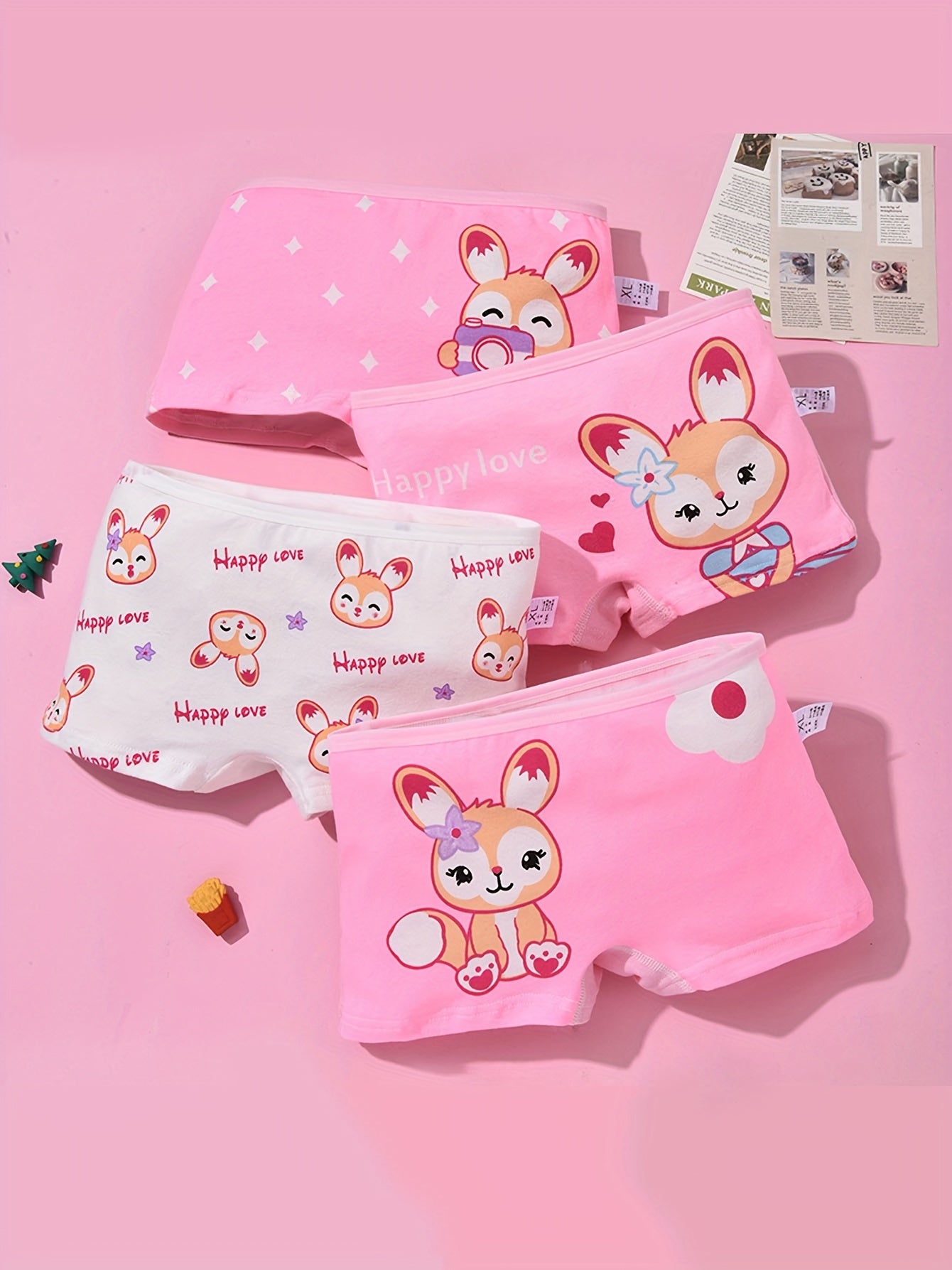 4-Pack Girls' Cute Bunny & Cat Print Boxer Briefs - Soft Stretchy Mid-Rise Underwear with Pastel Colors, All-Season Comfort, Regular Fit for Youngsters & Youngsters, Youngsters Underwear, Playful Youngsters' Apparel, Comfortable Youngsters' Wear