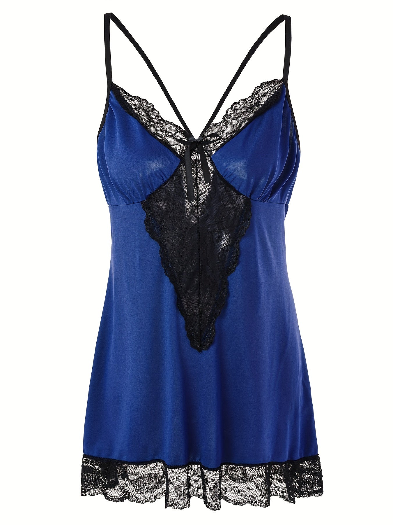 Plus Size Sexy Nightdress, Women's Plus Comfort Soft Contrast Lace Criss Cross Back V Neck Cami Sleep Dress With Free Underwear