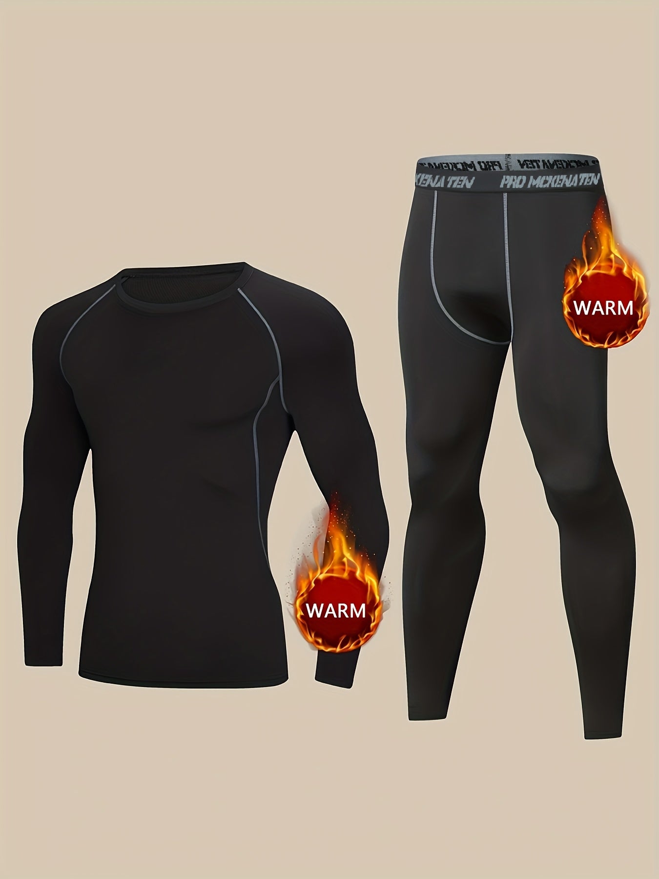 [Adventure] Men'S Elite Fleece-Lined Activewear Set - Long Sleeve, Stretchy, Crew Neck, Solid Black, Warm, and Comfortable for Fall/Winter Outdoor Activities, Winter Apparel | Crew Neck Top | High Elasticity Fabri