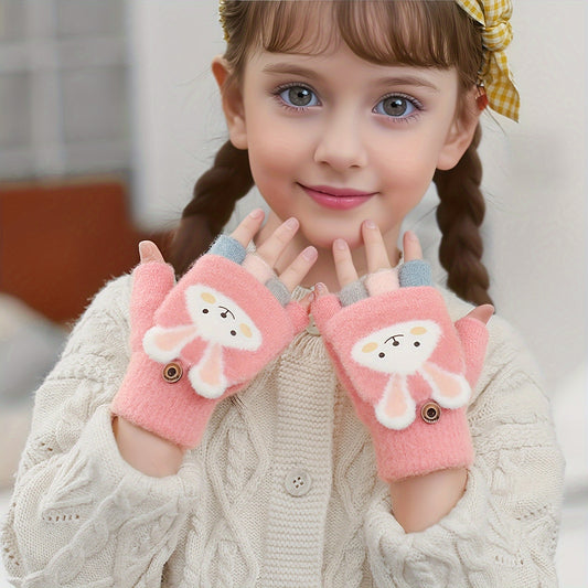 Cozy & Cute Cartoon Girls' Winter Gloves - Warm, Cold-Proof Flip Top Design for Writing and Skiing, Polyester Blend, Hand Washable