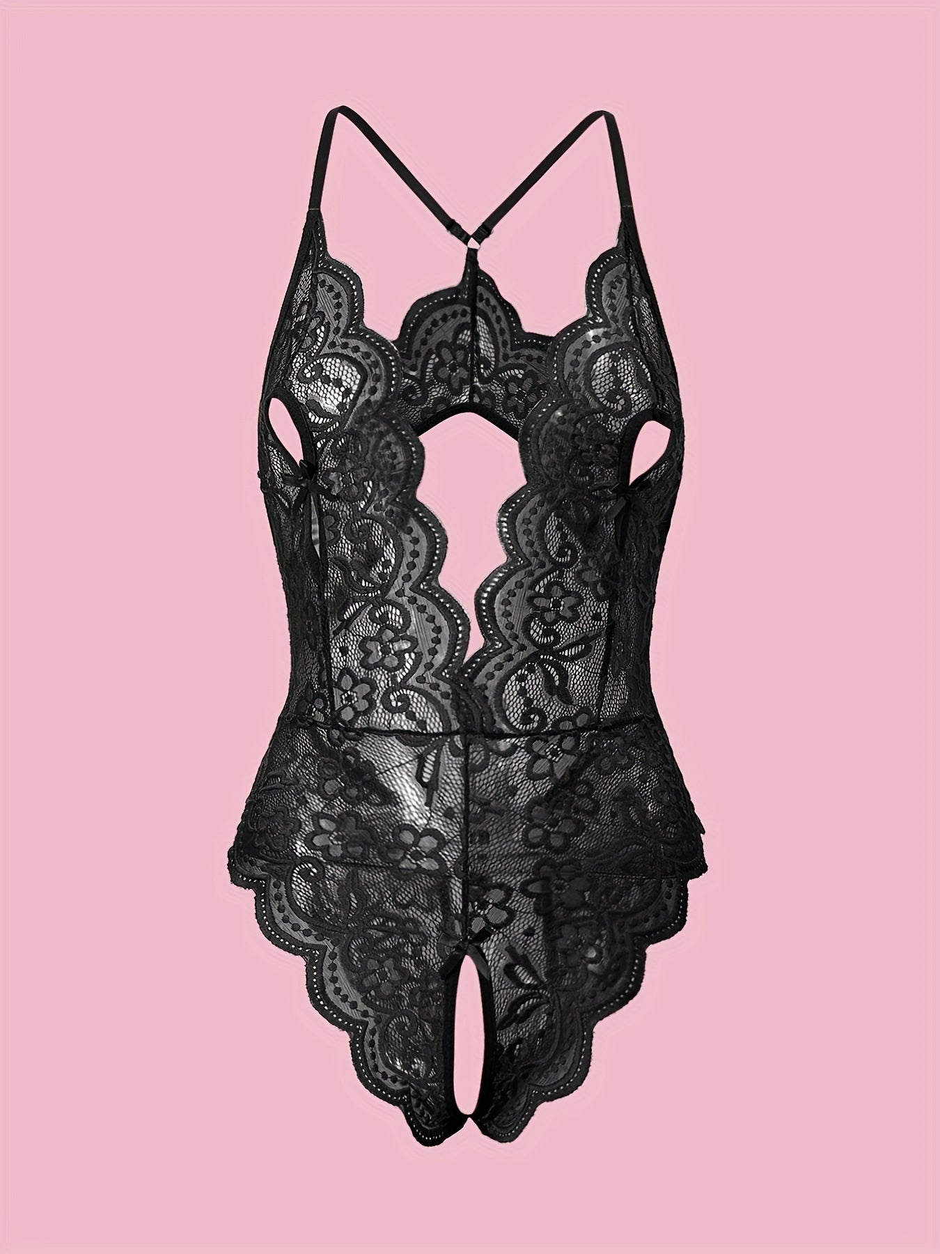 Floral Lace Scallop Trim Teddy, Plunging Halter Backless Open Crotch Bodysuit, Women's Sexy Clothing