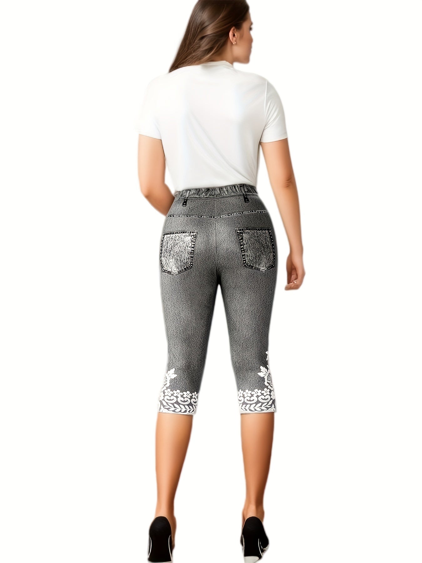Women's Stretchy Imitation Denim Floral 3D Print Leggings - High-Waisted Summer Casual Pants with Elastic Waistband, Machine Washable, High Waisted Leggings, Comfortable Leggings, Floral Leggings, Detailed Print Leggings
