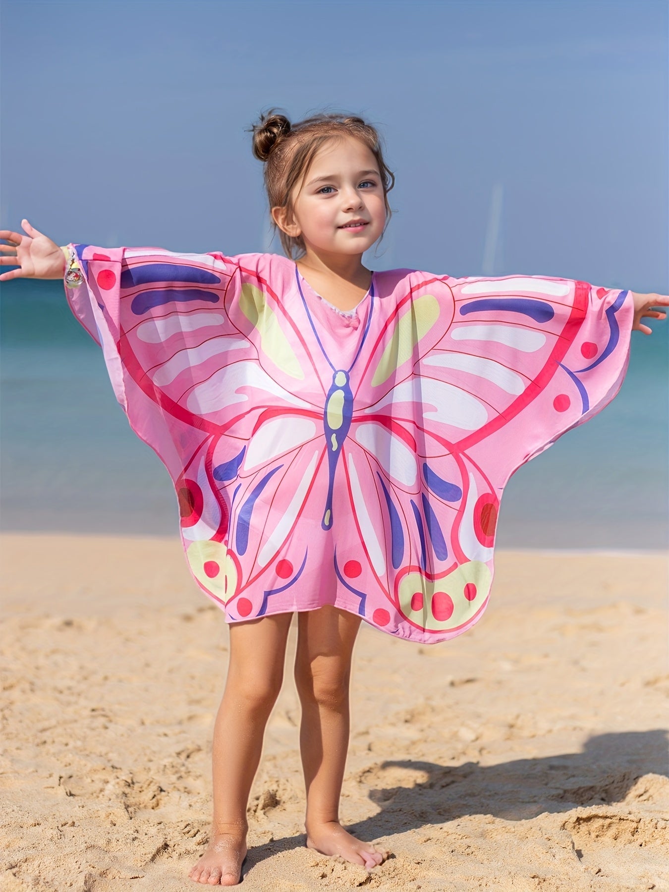 Young Girl Cute Pink Butterfly Shaped Mesh Cover-Up Comfortable And Breathable, for Summer Holidays