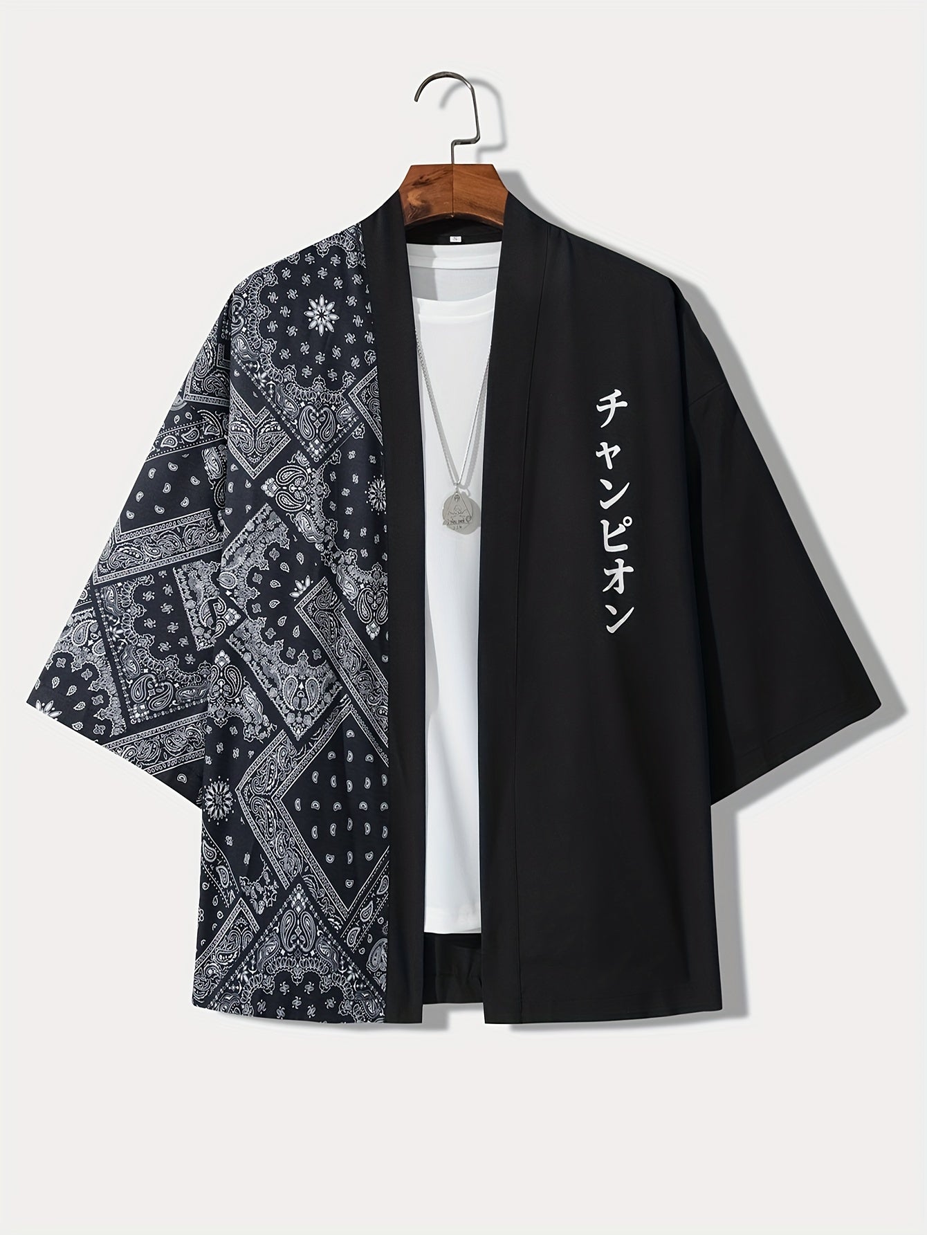 Men's Lightweight Summer Kimono Cardigan with Black & White Crane and Wave Print, 3/4 Sleeve Casual Polyester Shirt for Adults