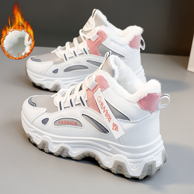 Women'S Winter Shoes - Lace-Up Mid-Top Sneakers with Non-Slip PVC Sole, White & Blue Accent Cold Weather Shoes for Everyday, Office, Formal Events - Synthetic Cover Upper & Cushioned Insole - All-Season (Winter) Footwear, Outdoor Walking, Stylish Dad Shoe