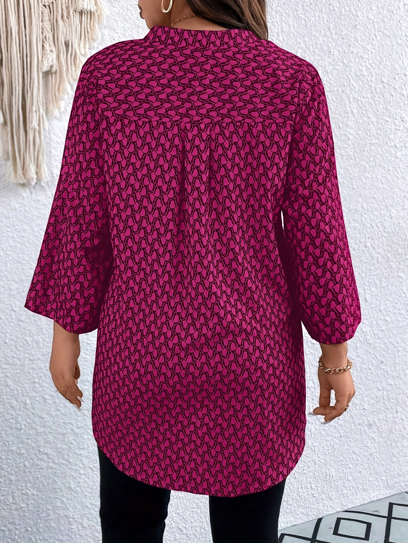 Plus Size Casual Blouse, Women's Plus Allover Print Roll Up Sleeve Notched Neck Tunic Top