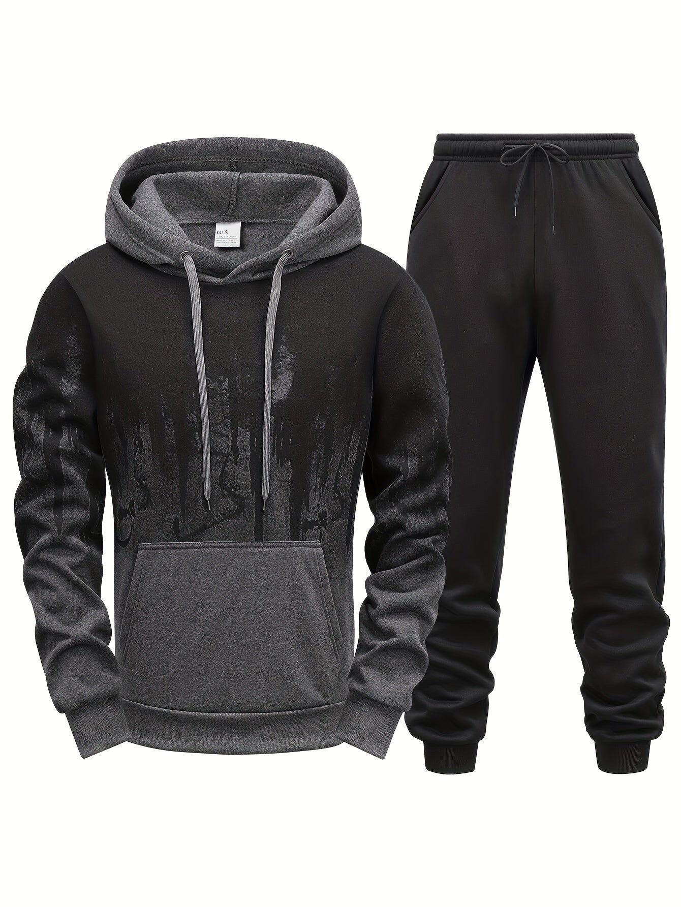 Men'S Casual Sweatshirt & Jogger Set - Red & Black Abstract Print, Breathable Polyester, Machine Washable, Long Sleeve Pullover with Kangaroo Pocket, Perfect for Spring/Fall, Casual Attire|Abstract Print Top|Washable Fabric, Sweater Pants