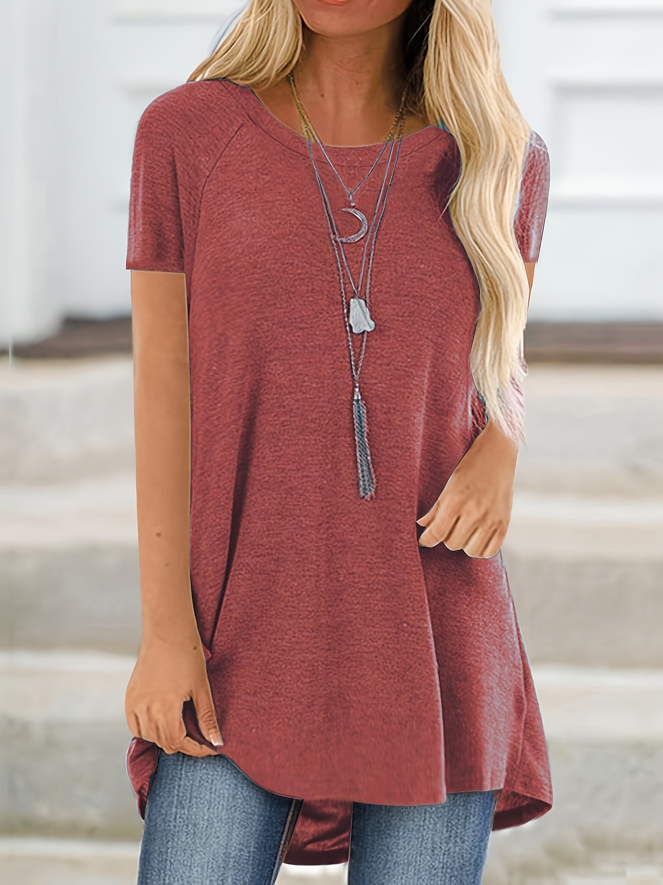Solid Longline T-Shirt, Crew Neck Short Sleeve T-Shirt, Casual Every Day Tops, Women's Clothing