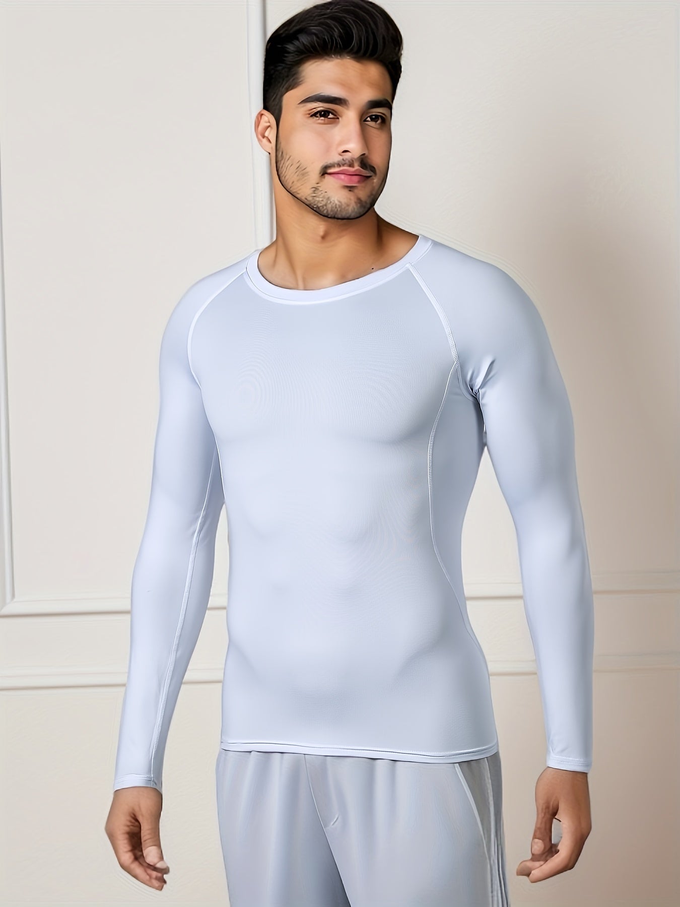 [Adventure] Men'S Elite Fleece-Lined Activewear Set - Long Sleeve, Stretchy, Crew Neck, Solid Black, Warm, and Comfortable for Fall/Winter Outdoor Activities, Winter Apparel | Crew Neck Top | High Elasticity Fabri