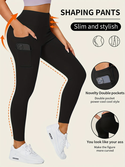 Women'S High-Waisted Shaping Leggings with Double Pockets - Butt-Lifting Design, Maroon Solid Color, Comfortable Stretch Fabric for, & Casual Wear, Leggings, Apparel, Sleek Look, Durable