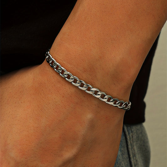 1pc Men's Minimalist Stainless Steel Silvery Chain Bracelet Hip Hop Punk Style Fashionable Popular Jewelry Gift Party