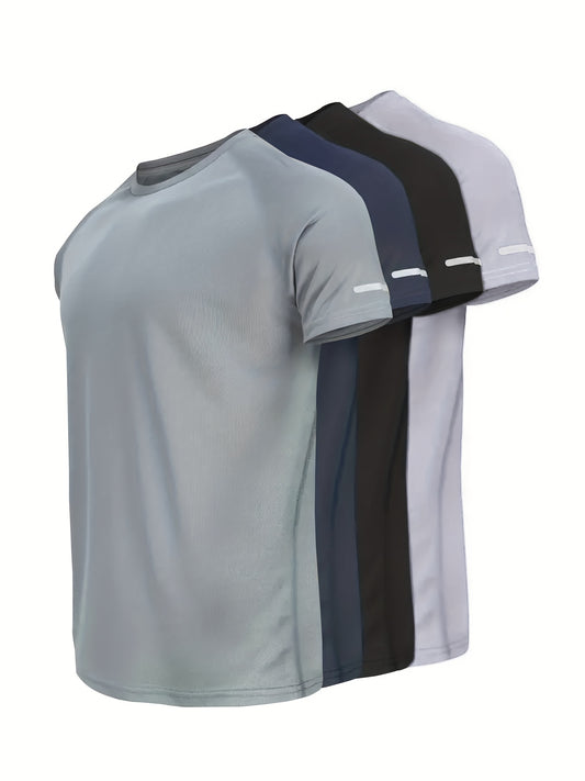 4pcs, Men's Solid Sports T-shirts With Reflective Strips, Breathable And Quick Dry Short Sleeve Crew Neck Tees, Moisture Wicking Tops For Gym, Fitness And Running Wear