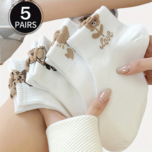 5 Pairs Women's Invisible No-Show Socks - Cute Bear & Love Design, Moisture-Wicking Breathable Fabric, Soft Smooth Short Socks for Sports, Festivals, Leisure (White & Black), Cute Socks, Festival Accessories, Moisturewicking Fabric