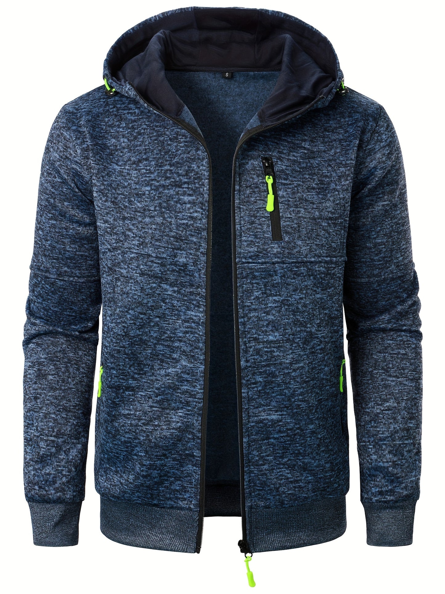 Men's Autumn Winter Casual Plush Hooded Sweater - Soft Knit Zipper Front with Neon Accents, Regular Fit Long Sleeve Pullover for Cold Weather, Sweater Hoodie, Ribbed Detailing