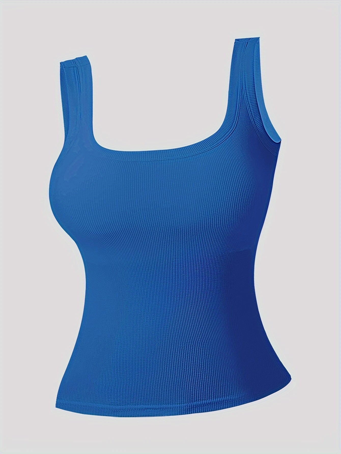 Simple Solid Square Neck Tank Top, All-match Ribbed Vest Top With Removable Chest Pad, Women's Lingerie & Underwear
