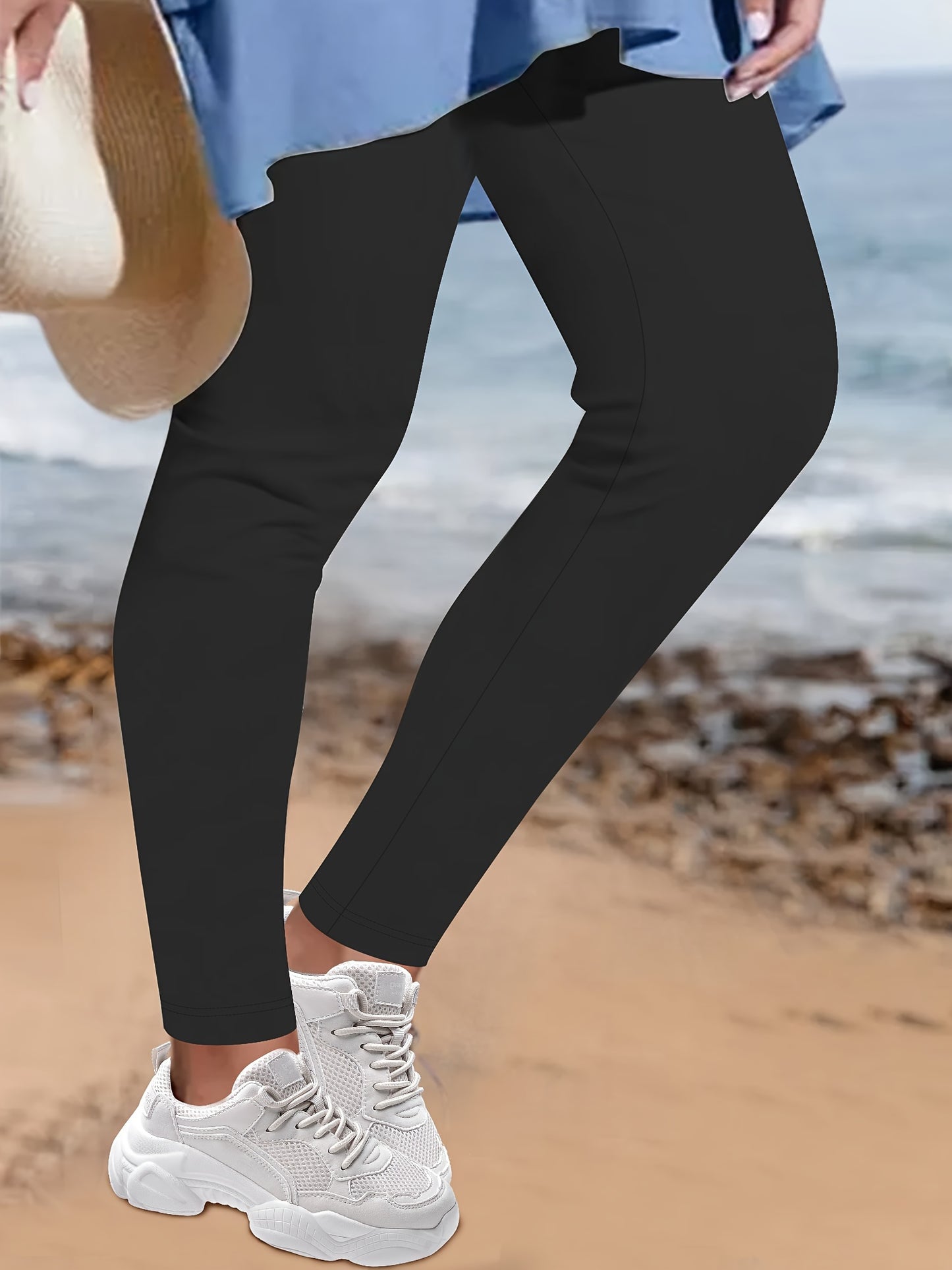 Plus Size Casual Pants, Women's Plus Solid Elastic High Rise High Stretch Skinny Trousers