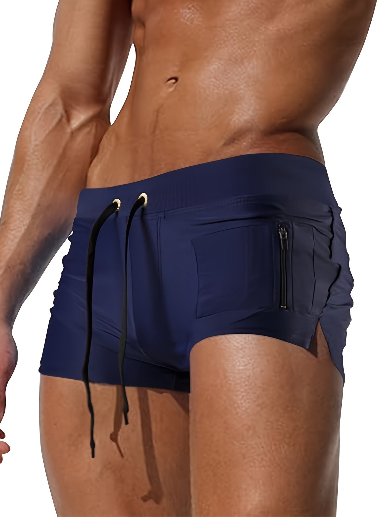 Oudasi Men's Quick-Dry Swim Trunks with Zipper Pocket - Stretchy Nylon & Elastane, Solid Color, Drawstring Waistband for Beach & Pool