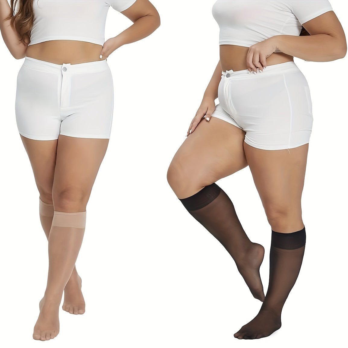 6 Pairs Women's Plus Casual Calf Socks, Plus Size Solid Anti-hook Summer Thin Stretchy Knee High Socks