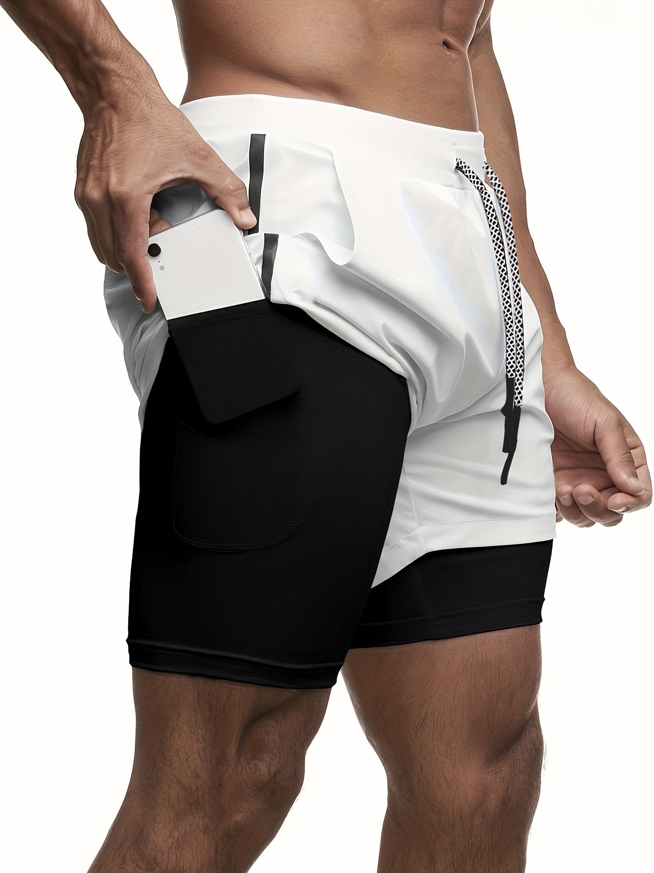 2-in-1 Double Layer Shorts With Inner Zipper Pocket, Men's High Stretch Sports Shorts For Summer Gym Workout Training