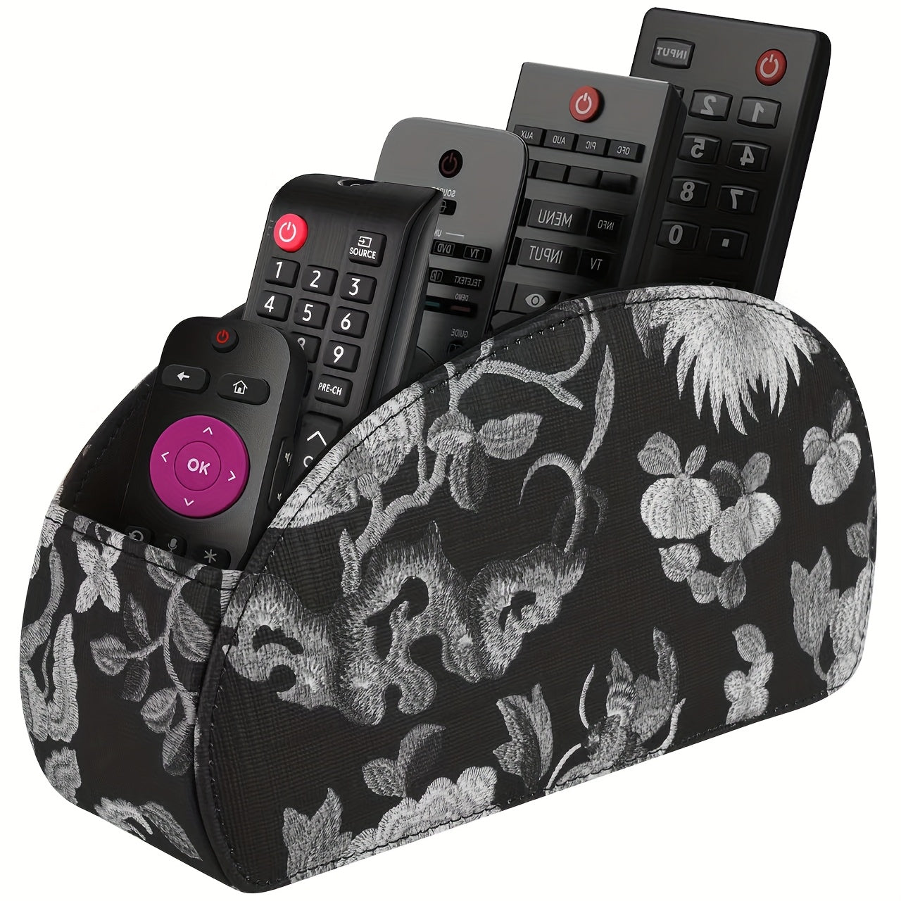 Remote Control Holder with 5 Compartments - Black Faux Leather Remote Caddy for TV, DVD, Blu-Ray, Media Player, And Heater Control, Independent Storage, Desk & Drawer Organizer for Home Storag, Desk & Drawer Organizer for Home Storage