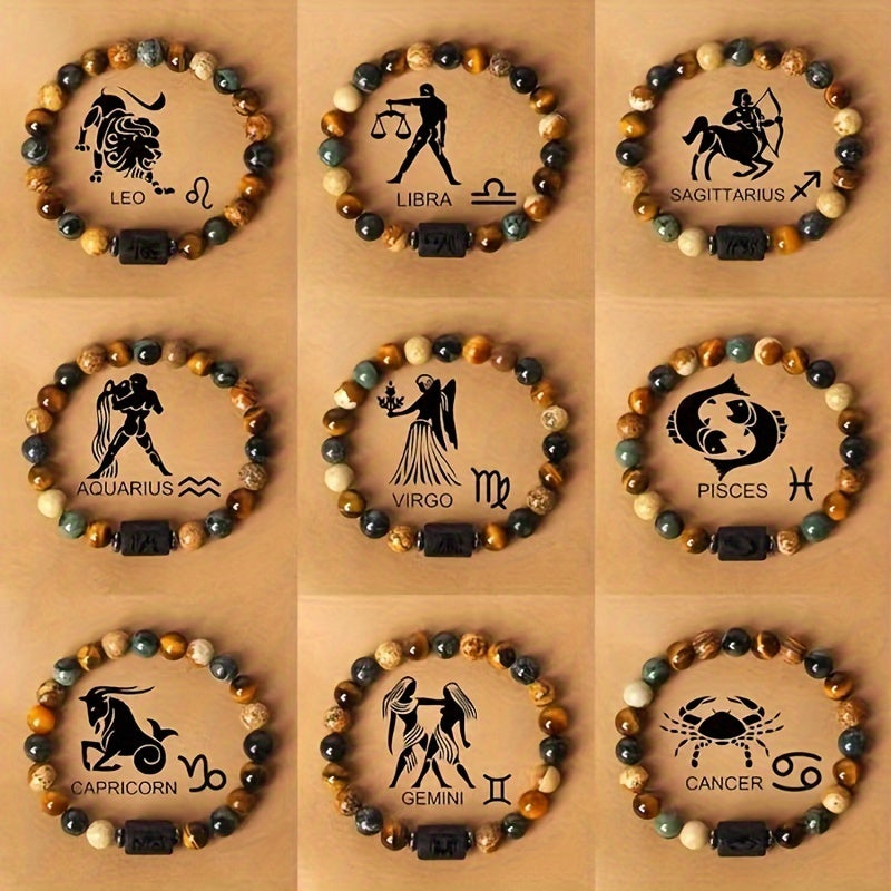 Stylish Zodiac Sign Natural Stone Beaded Bracelets for Men & Women - Unique Prayer & Blessing Accessory, Ideal Birthday Gift for Couples & Friends