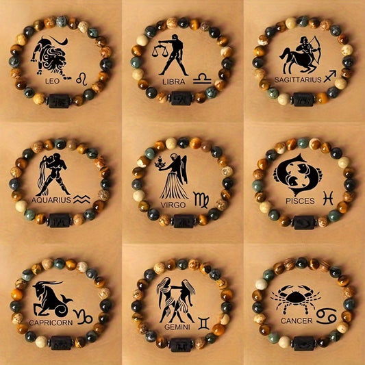 Stylish Zodiac Sign Natural Stone Beaded Bracelets for Men & Women - Unique Prayer & Blessing Accessory, Ideal Birthday Gift for Couples & Friends