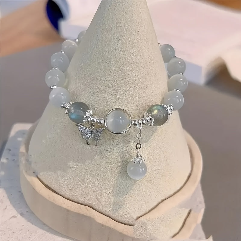 1pc Cute Glass Cat Eye Stone Beaded Bracelet With Butterfly Charm, Perfect Gift