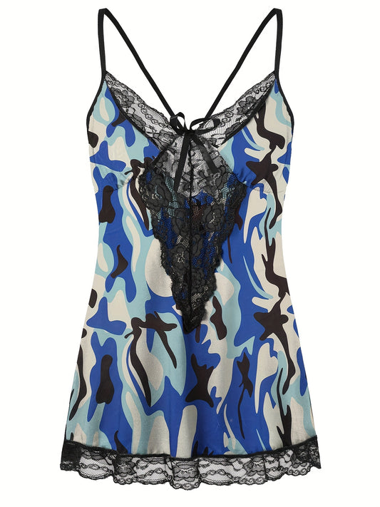 Plus Size Sexy Nightdress, Women's Plus Comfort Soft Contrast Lace Criss Cross Back V Neck Cami Sleep Dress With Free Underwear