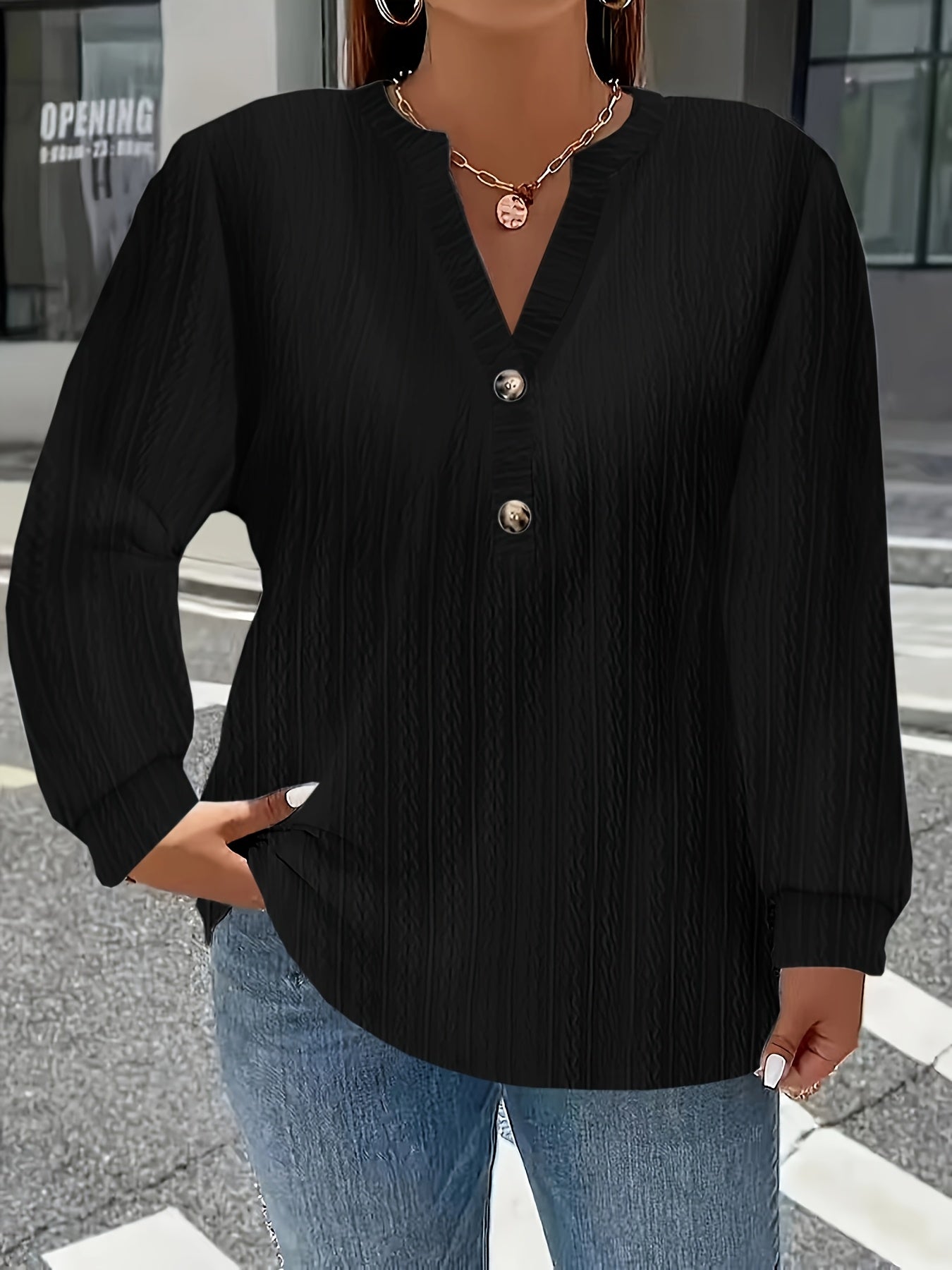 European And American Cross-Border Long-Sleeve Solid Color V-Neck Button T-Shirt Top