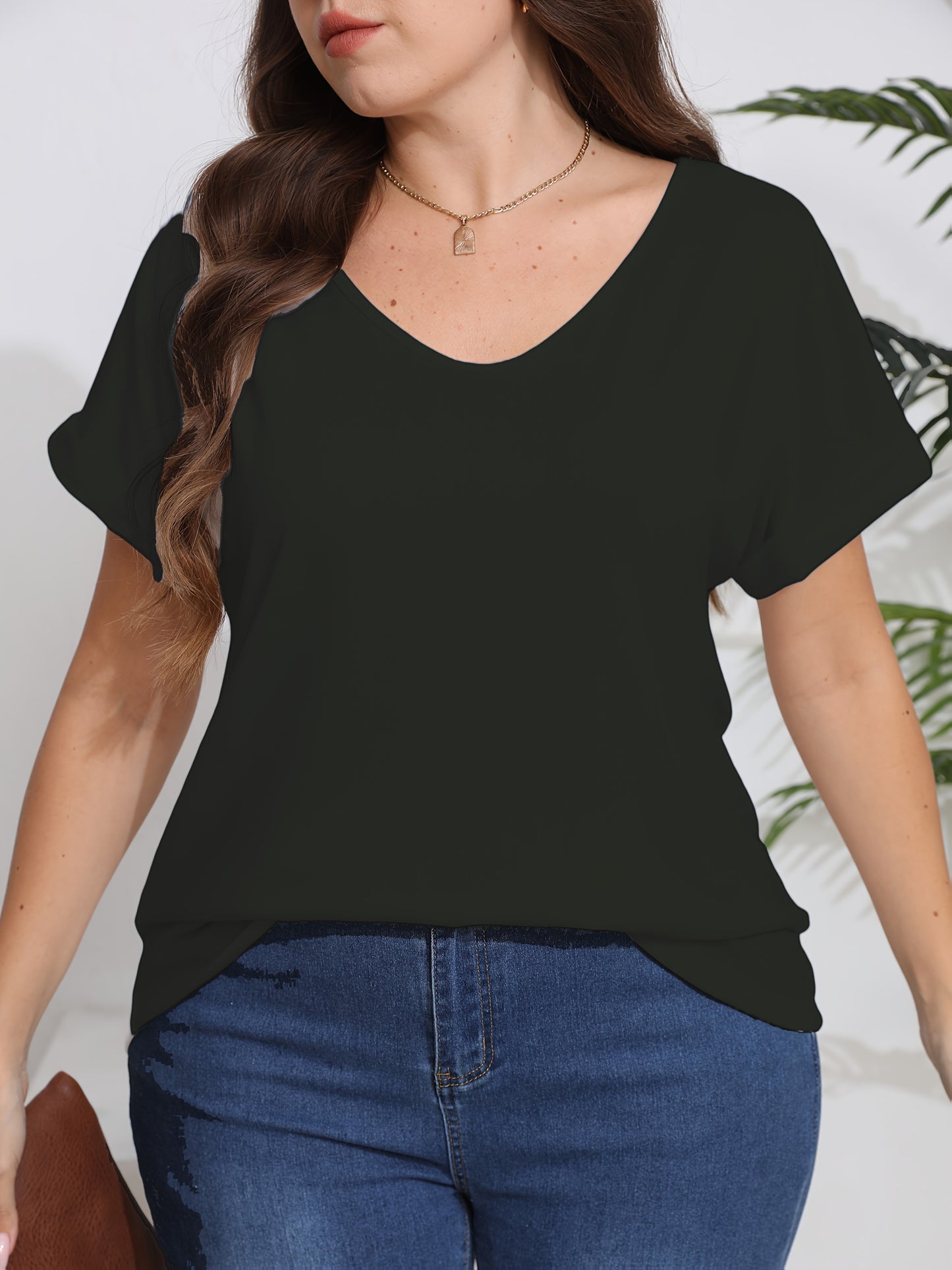 Plus Size, Plus Size Women's Elegant V-Neck T-Shirt - Soft Semi-Sheer Fabric, Vibrant Red, Machine Washable, Spring Summer Fall Casual Top, Ladies T Shirts, Seasonal Fashion, Sophisticated Casual, Comfortable Fit