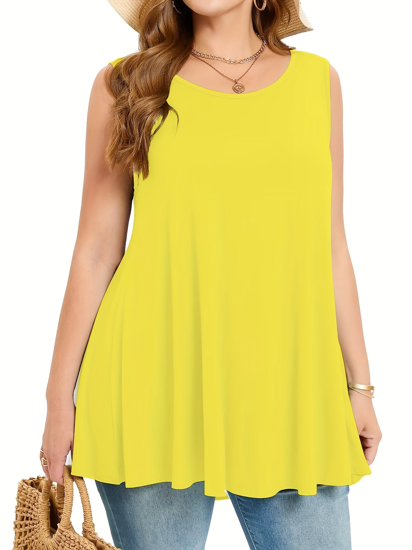 Plus Size Women's Stretchy Sleeveless Round Neck Tank Top - Solid Color Casual Vacation Wear, Machine Washable Spring/Summer Tops, Ladies Tank Tops, Summer Plus Top, Flowy Fabric Top, Nontransparent Fabric, Travel Clothing, Relaxed Fit, Breathable Materia