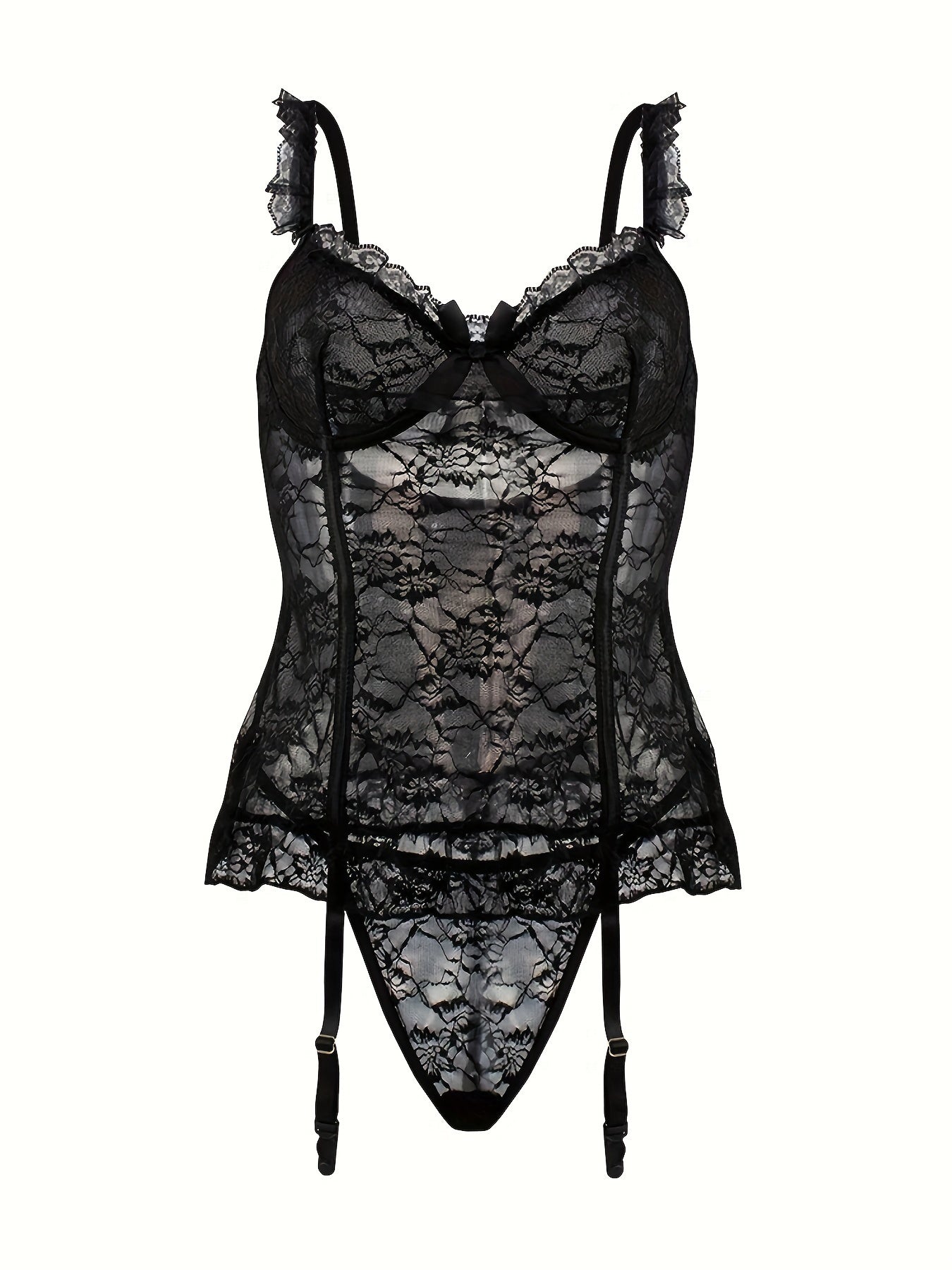 Spring and Summer New European and American Style High-end Lace Underwear Set for Women, Sexy Pajamas, Hollowed-out + Sexy Thong + Stockings = 3pcs Set (with Steel Ring) [Big Hit]