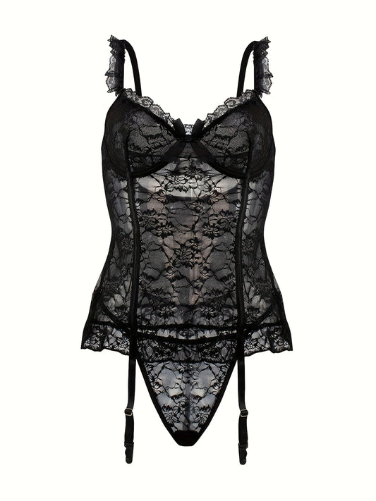 Spring and Summer New European and American Style High-end Lace Underwear Set for Women, Sexy Pajamas, Hollowed-out + Sexy Thong + Stockings = 3pcs Set (with Steel Ring) [Big Hit]