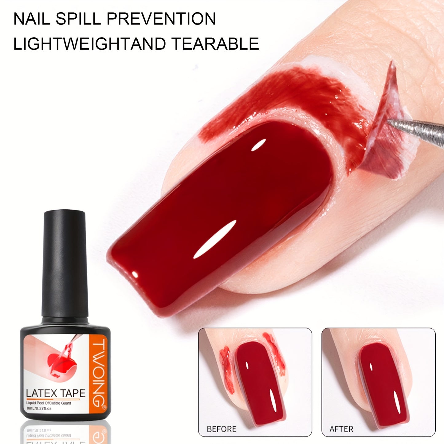 TWOING 8ml Anti-Overspill Latex Tape - Paraben & Acetone-Free -Off Cuticle Guard for Precise Manicure Polish Application, Nail Art Protection, Non-Toxic Nail Lacquer Protector