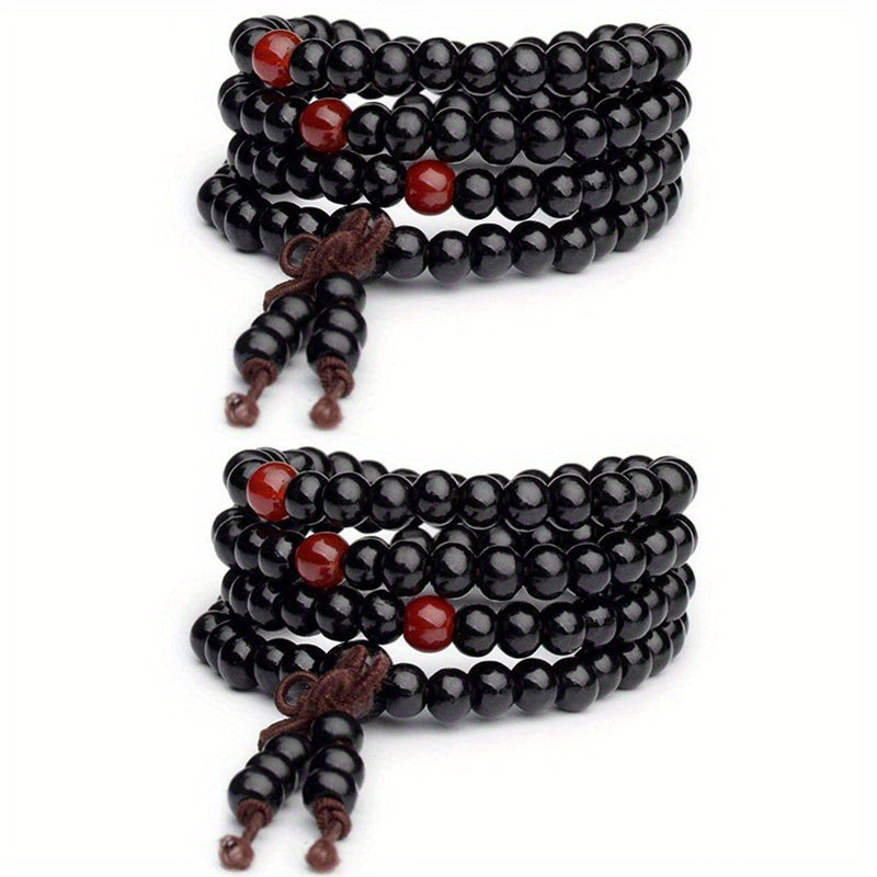 1/2pcs 108 Beads 8mm/0.31'' Natural Sandalwood Character Wood Prayer Beaded Knot Black Ebony Bracelets Bangles for Men Wooden Jewelry